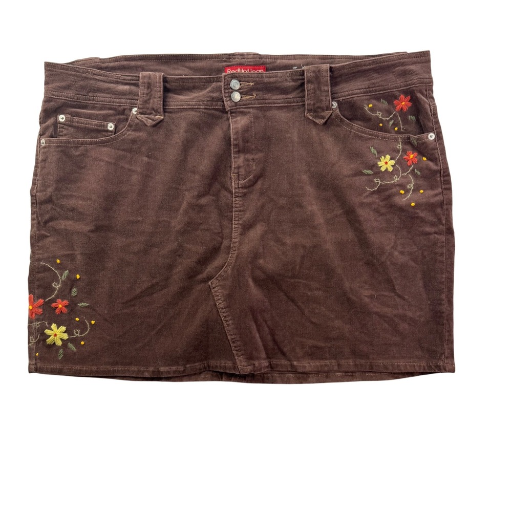 RedHotJean Corduroy Mini Skirt Women 22 Brown Floral Embroidered Y2K Boho